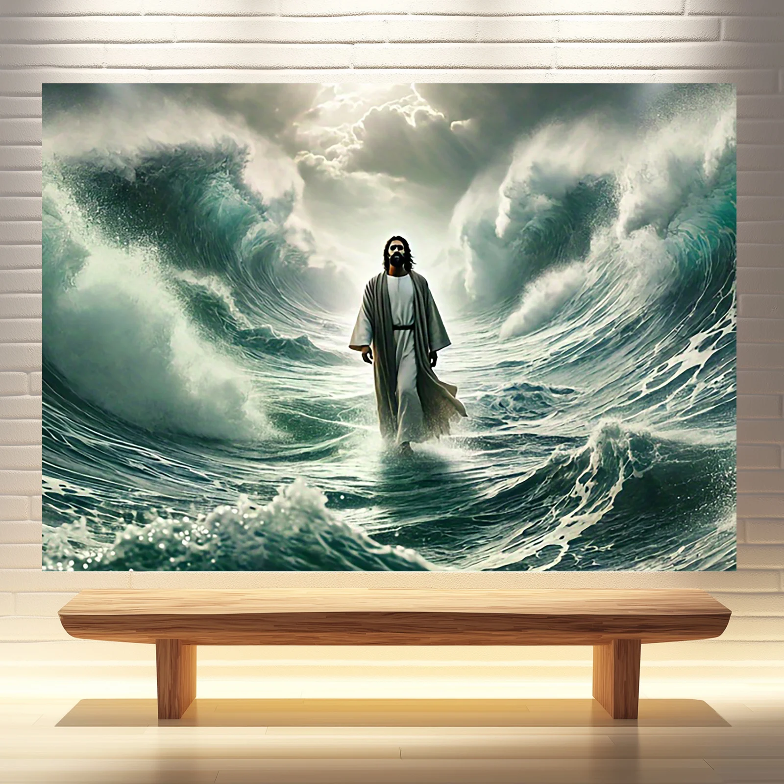 1 szt. Obraz na ścianę przedstawiający Jezusa chodzącego po wodzie, scena religijna, nie wymaga elektryczności, uniwersalna dekoracja kościelna