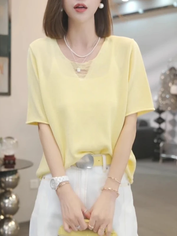 

Желтый ажурный трикотажный топ с V-образным вырезом, женский, больших размеров, летний, стройнящий, модный, скрывающий недостатки фигуры, универсальный футболка