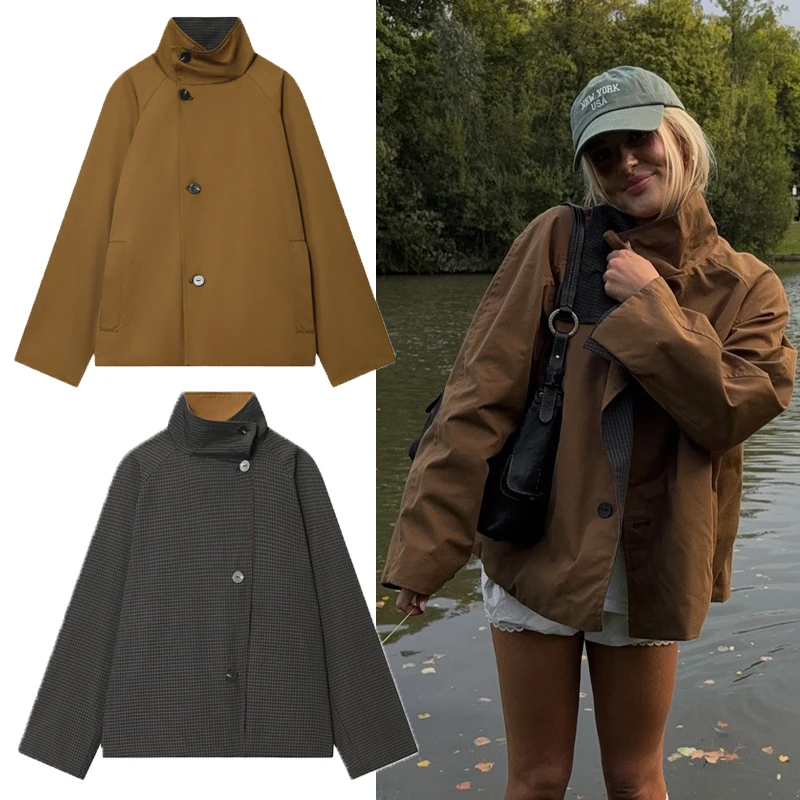 เสื้อแจ็คเก็ตสีกากีแบบซิปสองด้านสำหรับผู้หญิง เสื้อแจ็คเก็ตสำหรับฤดูใบไม้ร่วง เสื้อโค้ทครอปสำหรับผู้หญิง เสื้อคลุมกันลมแบบใหม่ในหมวดเสื้อโค้ทและแจ็คเก็ต
