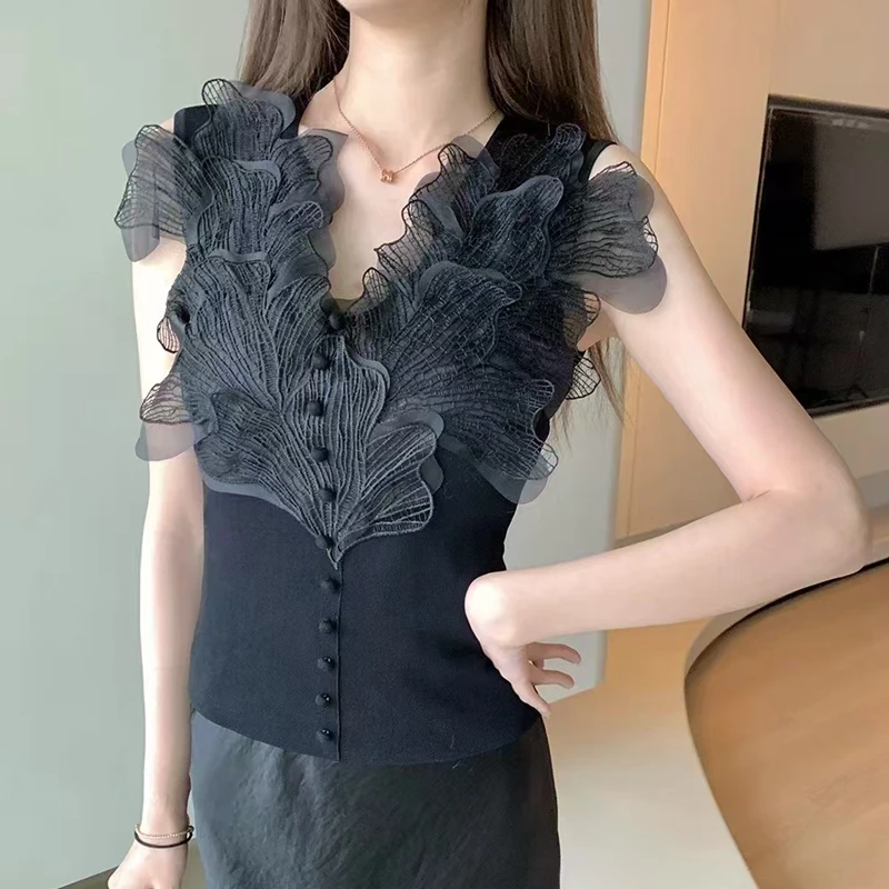 

Модный вязаный жилет-бретелька с кружевной строчкой для женщин, весенняя облегающая блузка с v-образным вырезом, топ