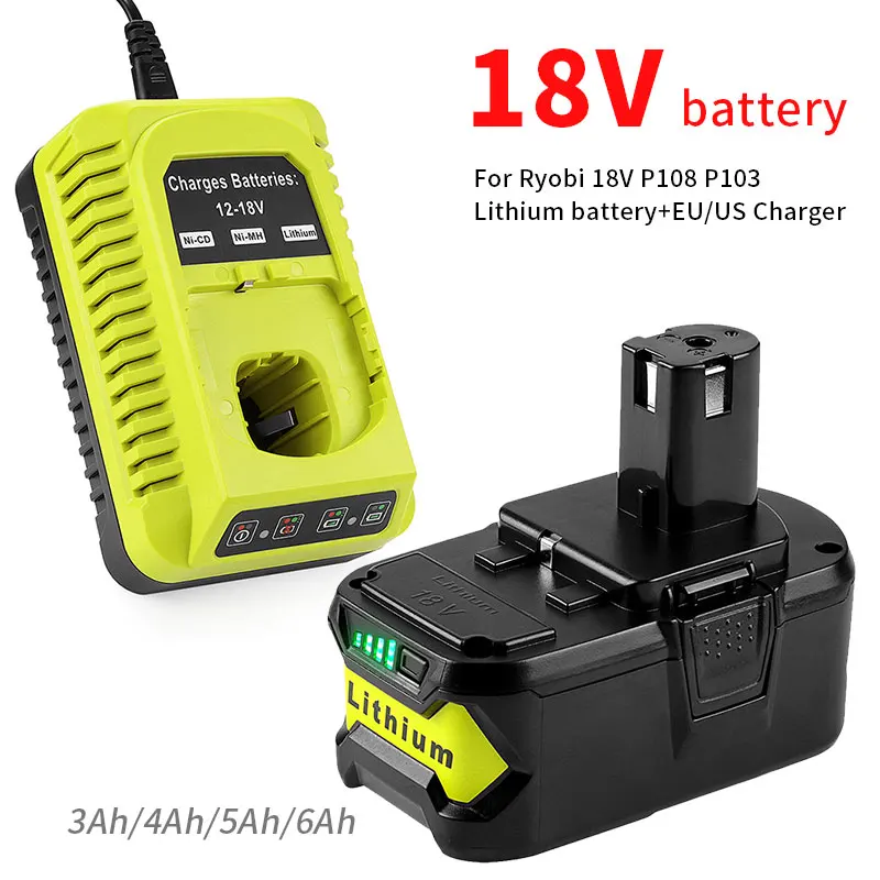 

For RYOBI Lithium Battery 18V Replacement Batteries P102 P103 P105 P104 P107 P108 RB18L50 RB18L20 4Ah 5Ah +EU/US Charger