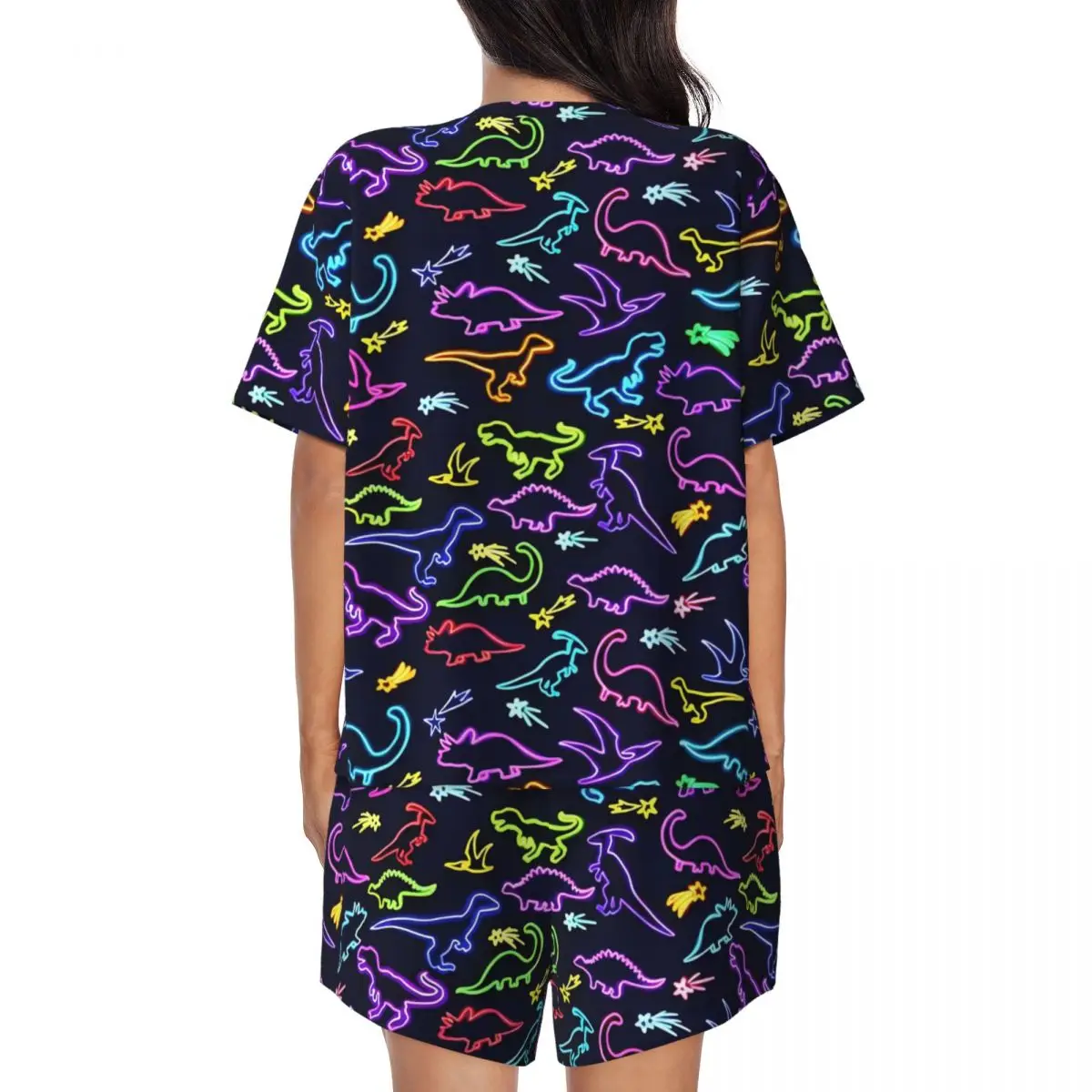 Pijamas de dinosaurios de neón para mujer, ropa de dormir informal con estampado de animales de Color, cuello redondo, diseño de 2 piezas, conjuntos de pijamas de moda de manga corta