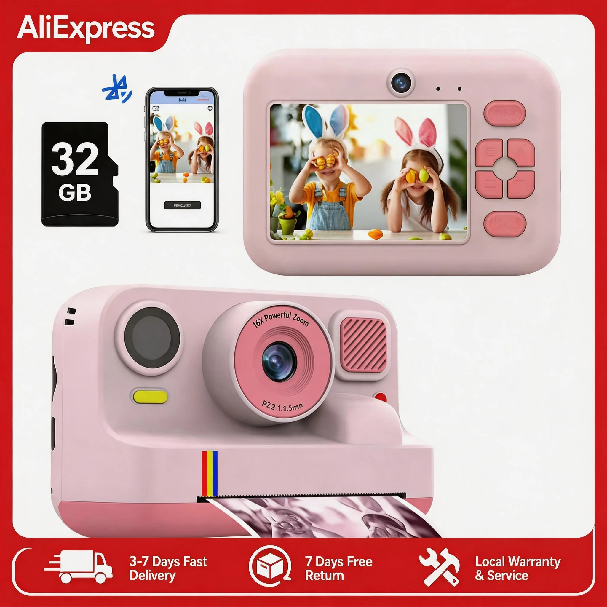 2,4-Zoll Kinderkamera Digitale Kinderkamera 1080P HD Mini Thermodrucker Videorekorder mit Sofortdruck-Funktion Festliches Geschenk für Kinder
