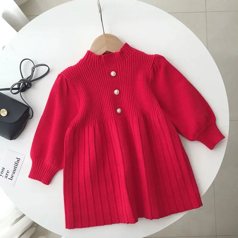 Girl Red Puff Sleeve Knitted Dress Autumn Winter Princess Pleated Baby Sweater Dress Trendy Kids Clothing