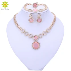 Wedding Dress Jewelry Set for Glamour Women Crystal Jewelry Necklace Earrings Bracelet Ring Set Gold color Girl Gift