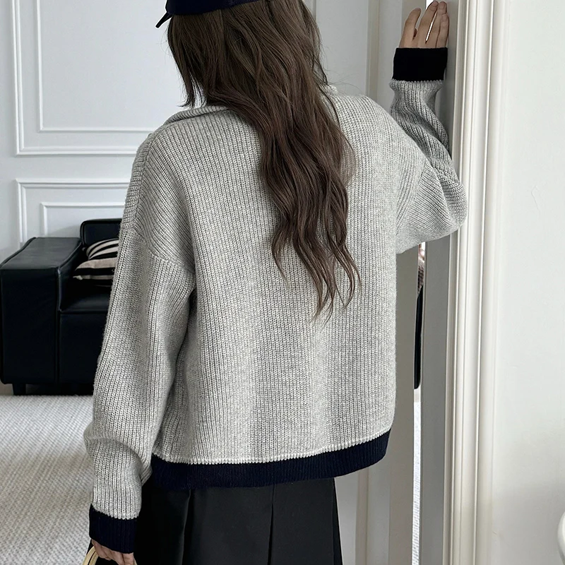 2024 Autumn and Winter Fashion New 100% Pure Wool Cardigan Women POLO Collar Lapel Loose Knit Zipper Sheep Sweater Coat Top