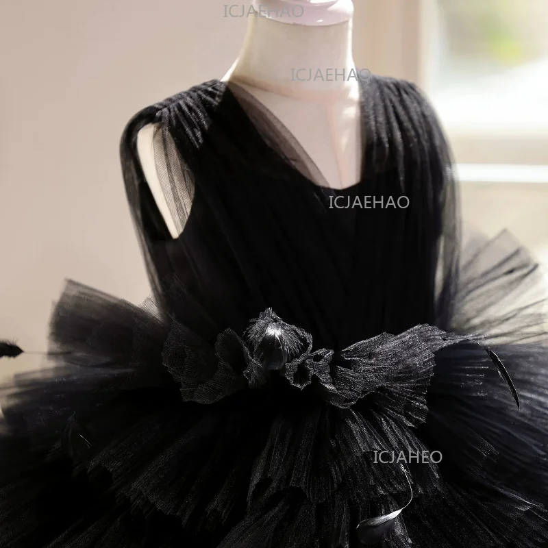 2026 Kids Princess Piano Performance Pageant Children Girls Host Formal Costume Dress Birthday Gown Elegant Black Sleeveless