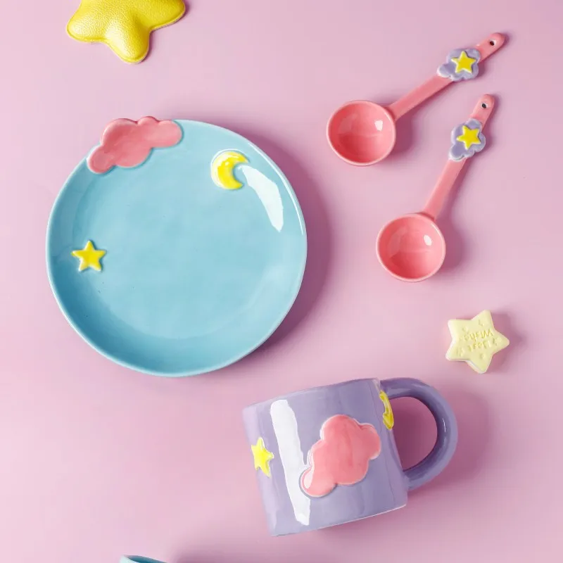 Cute Star Moon Cloud Coffee Mug for Kids, Coffee Cup, Spoon Set, Japanese Style, Fairy Ceramic Snack Plate, Girl Gift, 400ml