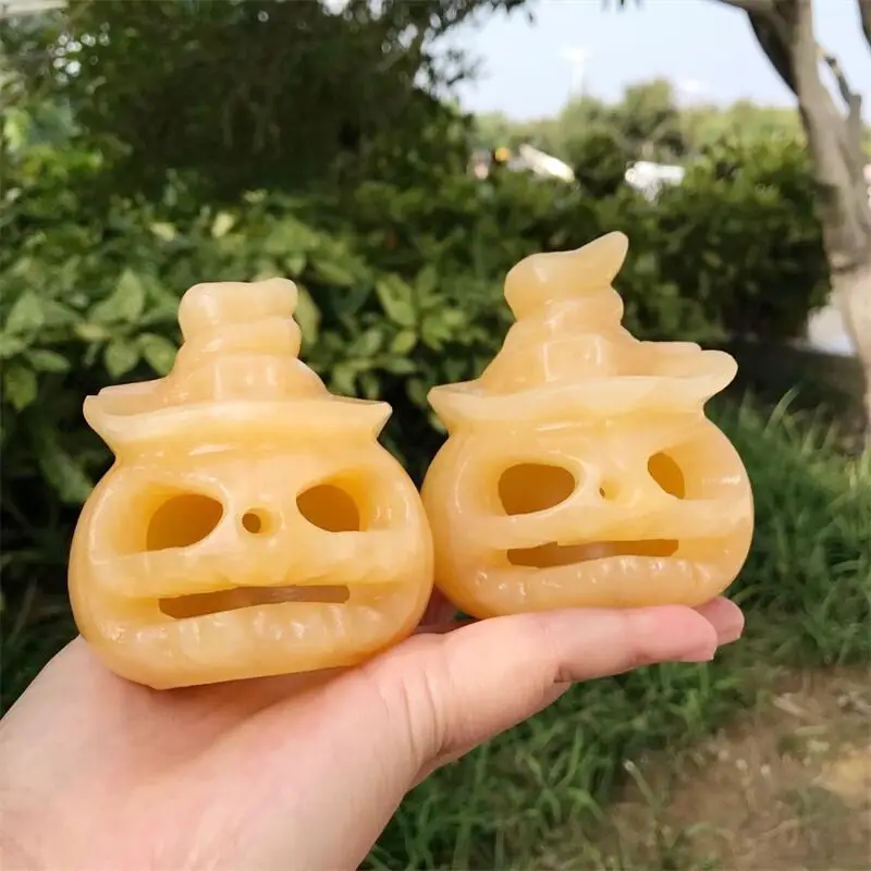 Natural Orange Calcite Hollow Skull Carving Ornaments Crystals  Healing Home Decoration Accessories 1PCS