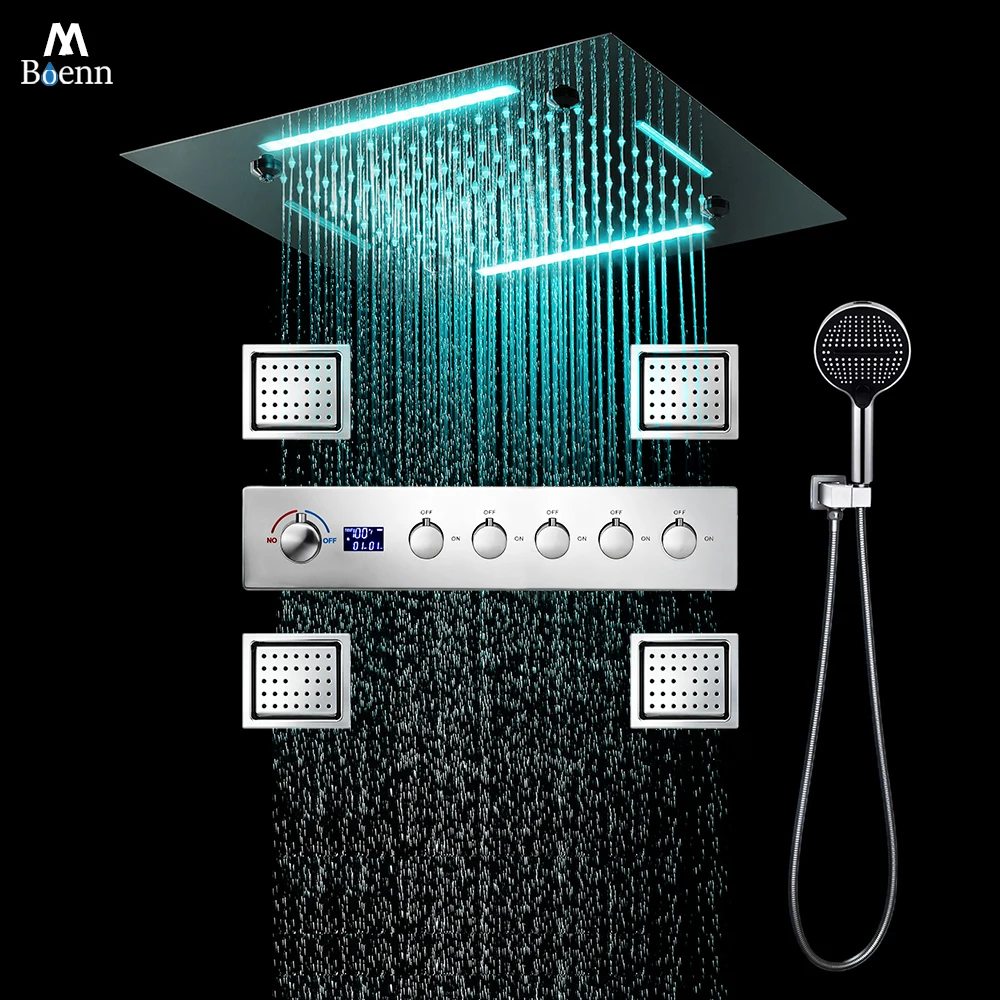 

M Boenn Chrome Shower Set Smart 5 Functions Thermostatic Mixer Bathroom Showers Faucet Ceiling 20 Inch LED lighting Shower Head