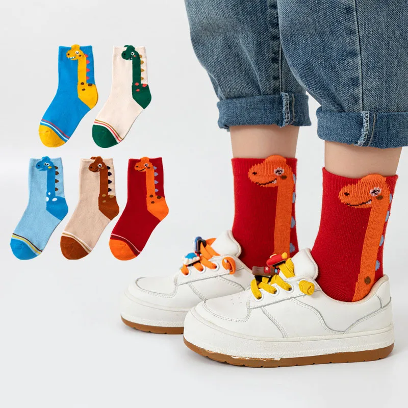 5 Paar Kindersocken mit Cartoon-Dinosaurier-Muster, bequeme Kindersocken für Jungen und Mädchen – Detail 2