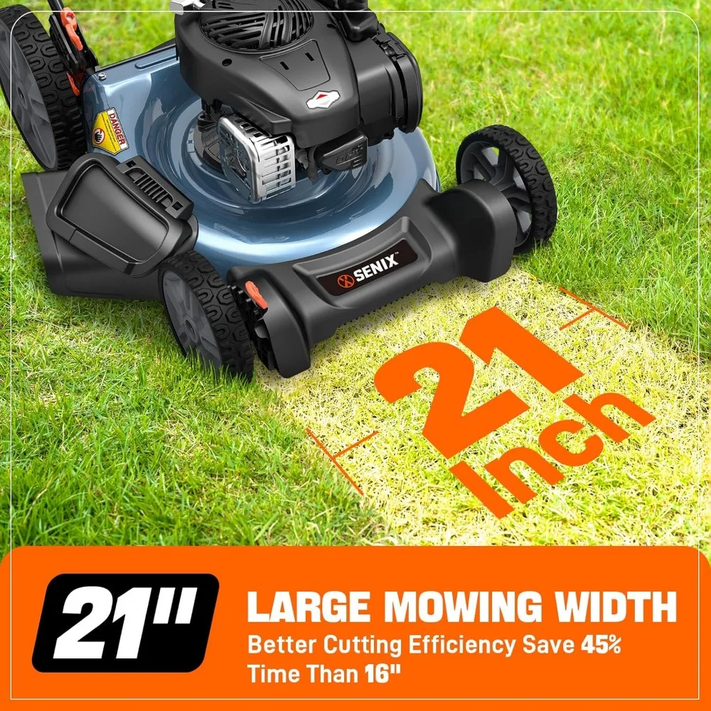 Cortador de grama a gás SENIX de 21 polegadas com motor Briggs & Stratton de 4 ciclos de 125cc, mulching e capacidades de descarga lateral, C ajustável