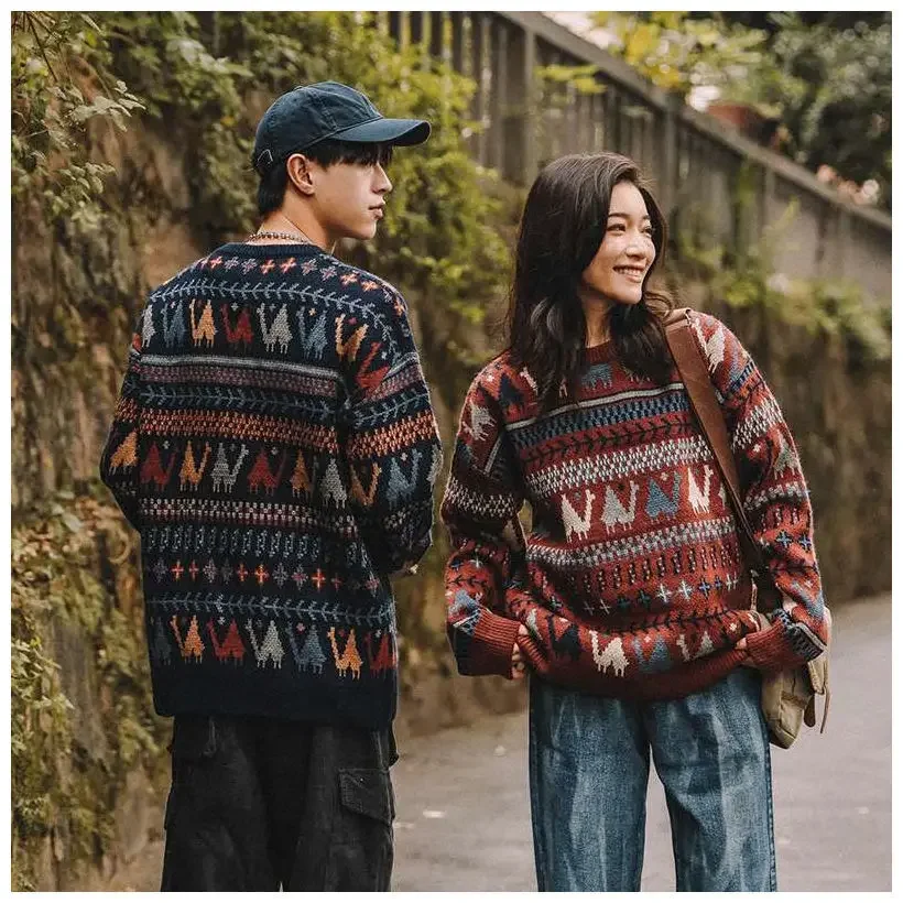 

Sweater Winter thick ethnic camel round neck pullover sweater for men and women loose casual Japanese retro y2k couple knit coat