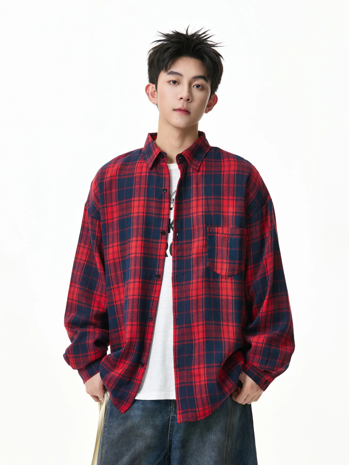 

Cleanfit Long Sve Plaid irt ex Loose Autumn Faionable American Brand Clothing for Couples Youth Polyester Cotton B...