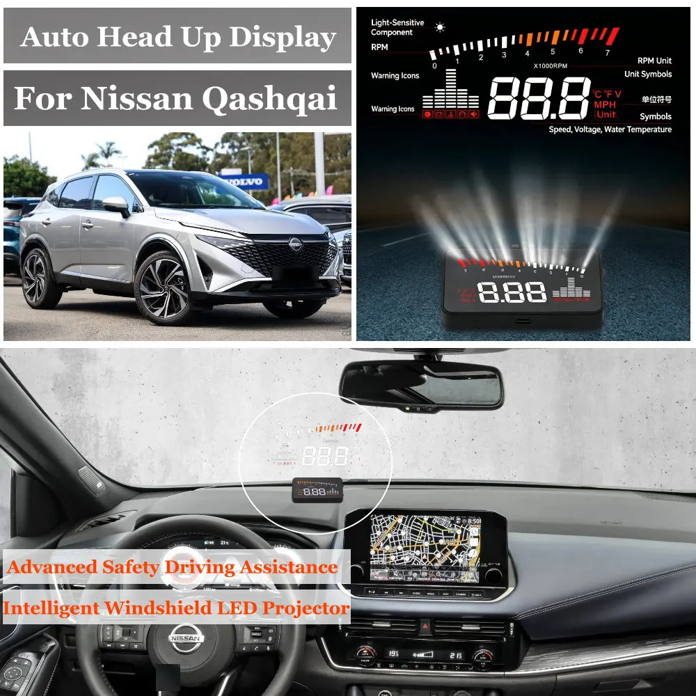 

Car Head Up Display For Nissan Qashqai J11 (MK2) J12 (MK3) 2013-2026 AUTO HUD Windshield Projector Speedometer Odometer RPM