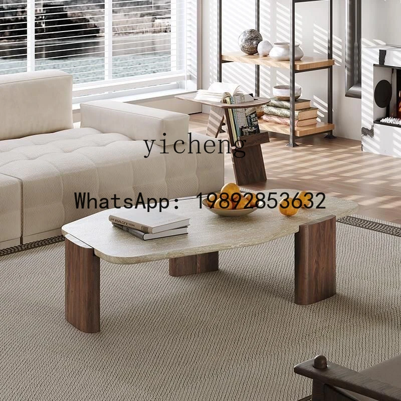 X6   Natural Travertine Coffee Table for Living Room, Small Household, Polygonal Mid-Century Style, Solid Wood