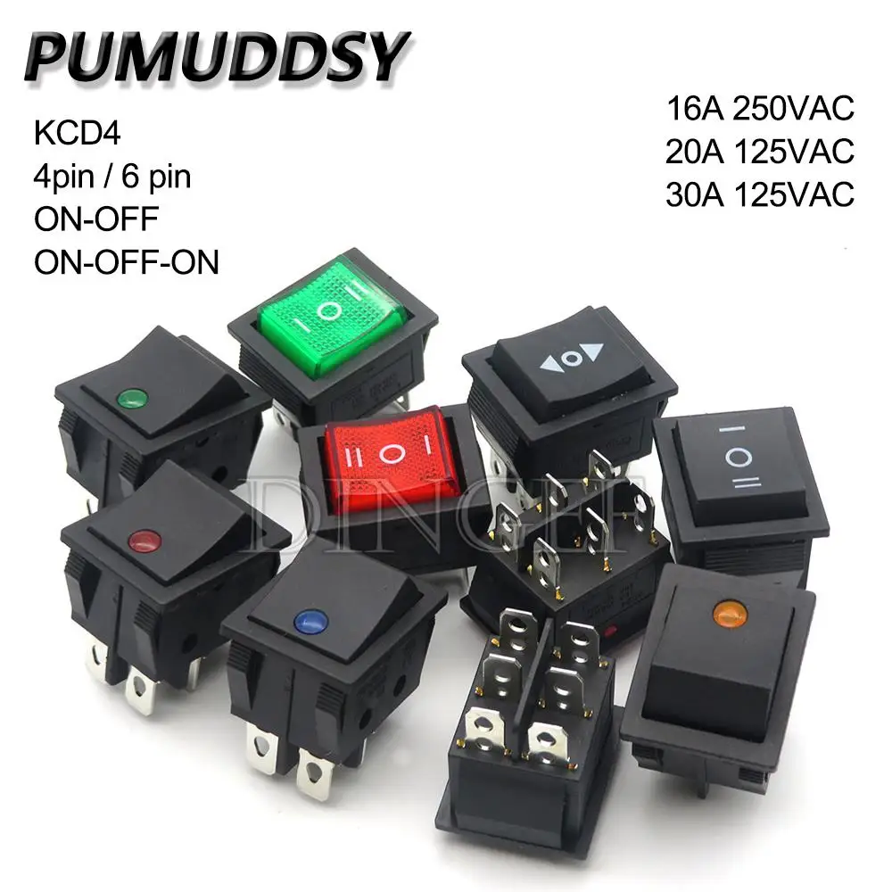 1PCS rocker switch KCD4 4PIN 6PIN 2 / 3 position ON-OFF Mini with light cat-eye 220V LED rocker switch button 16A 30A 250VAC 20A