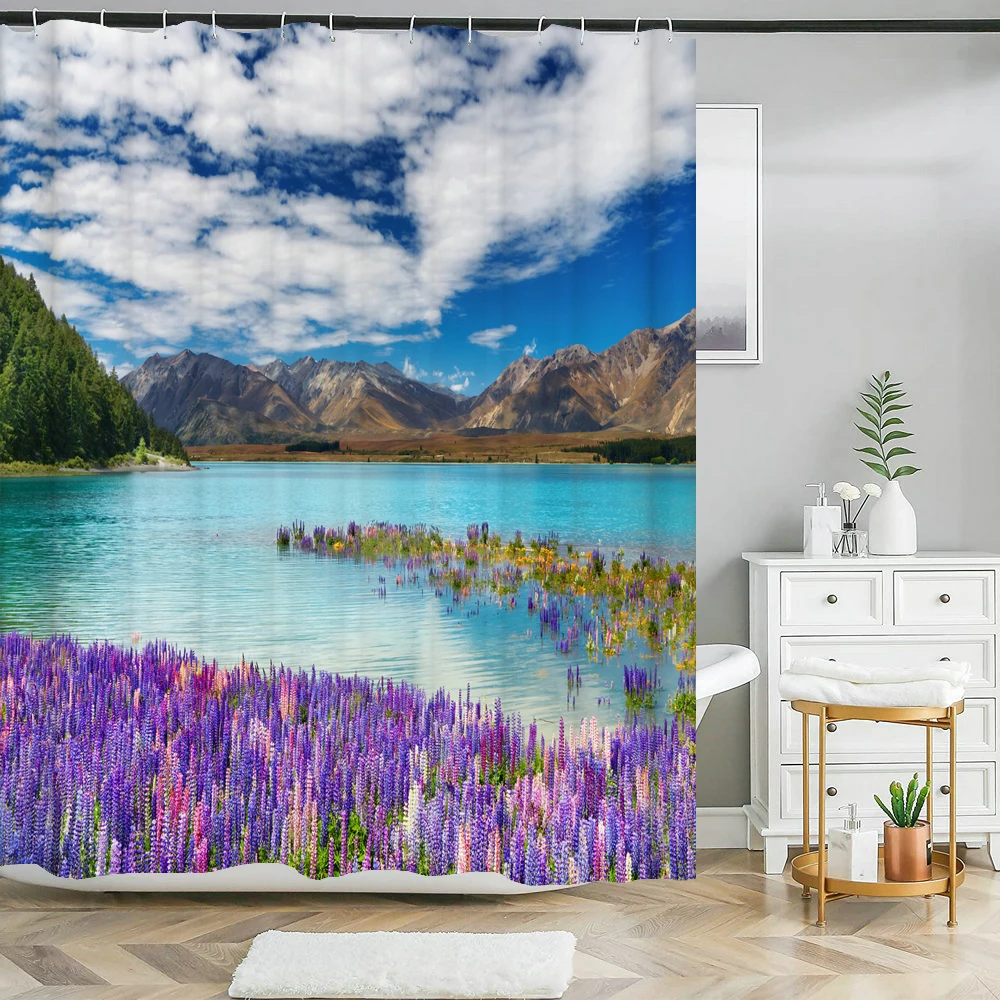 Natural landscape Bath Curtain Floral lavender Scenery at Sunset Waterproof Shower Curtains Bathroom Decorative with Hooks