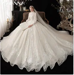 Graceful Lace Appliques Bridal Gown Vintage High Collar Wedding Dress 2025 Modest Long Sleeve Ball Gown Customized Bride Robe