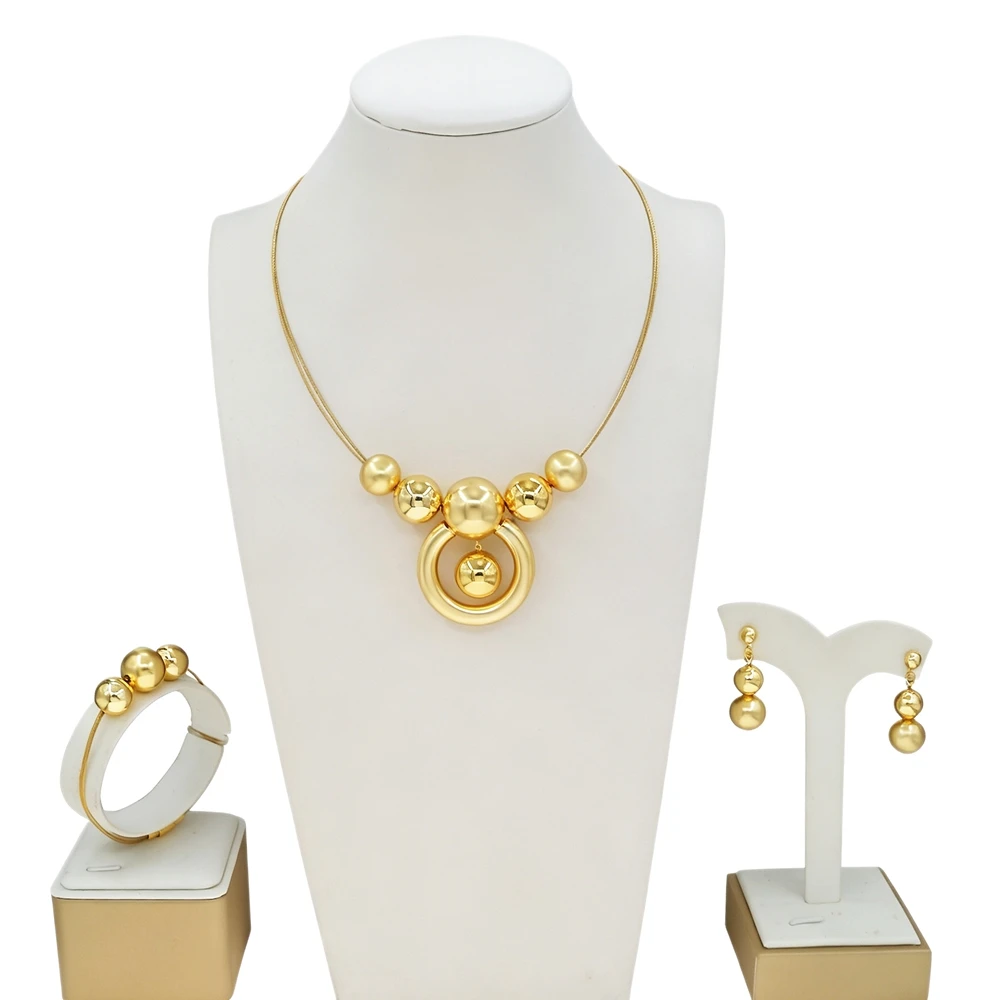 Dubai Gold Jewelry Set Women Glossy Ball Bead Circle Choker Necklace Earrings Bangle African Bridal Wedding Party Jewellery Gift