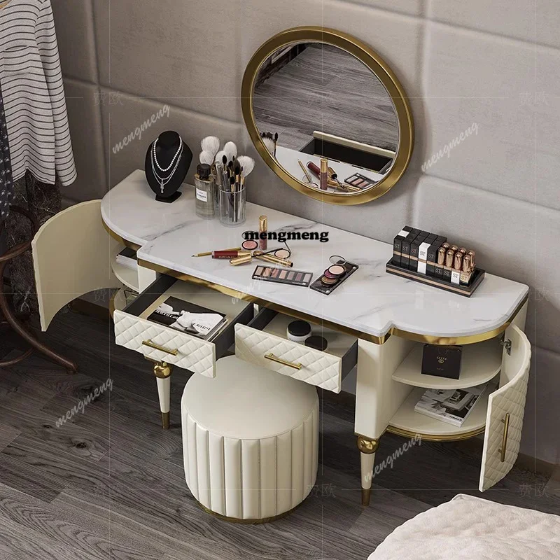 

Hot sales European Jewelry Vanity Table Luxury Mid Century Bedroom White Dressing Table Mirror Desk Chair Penteadeira Trendy Fur