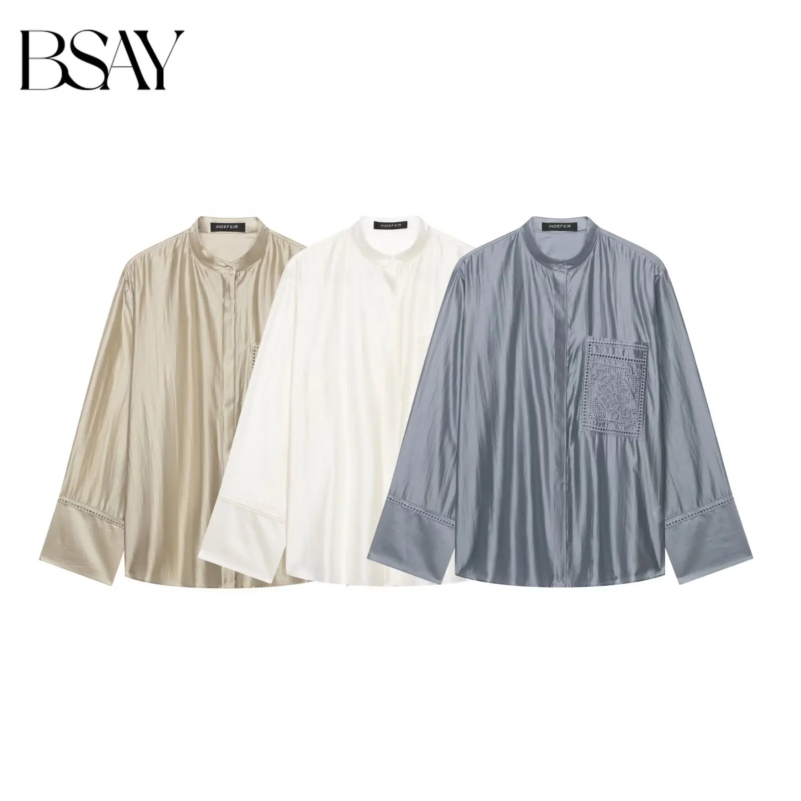 BSAY Elegant Texture Blouse For Women Mandarin Collar Full Open Placket Embroidery Pocket Long Sleeve Loose Fit Commuter Shirt