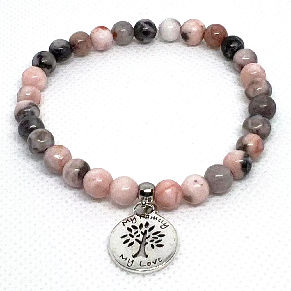 MG2162 New Design 6 MM Pink Zebra Jasper Beaded Bracelet Fashion Womens Tree Of Life Stress Relief Wrist Yoga Mala