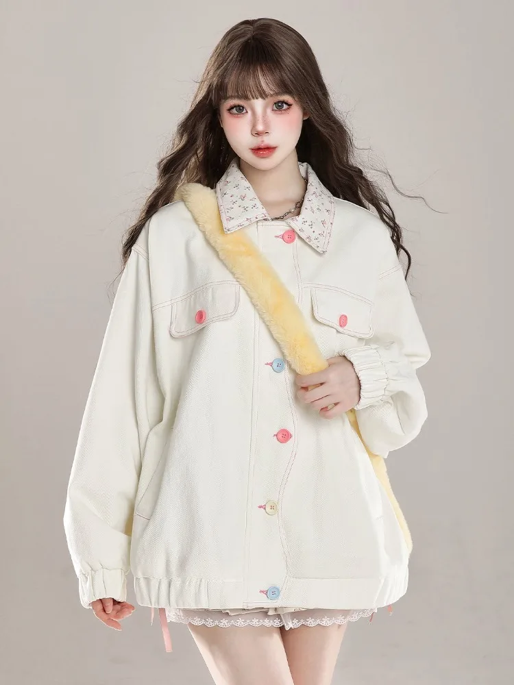 ADAgirl Kawaii Baseball Jassen voor Vrouwen Revers Patchwork Button Up Casual Top Jas Japanse Stijl Mode Herfst Winter Kleding