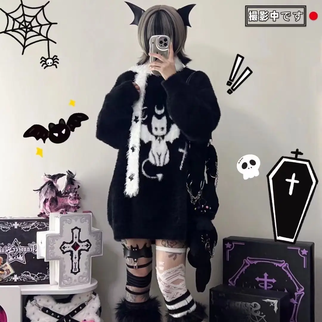 

Onalippa 2025 Subcultural Punk Y2k Millennium Spicy Girl Black White Round Neck Sweater Women Loose Lazy Style Knitted Sweater