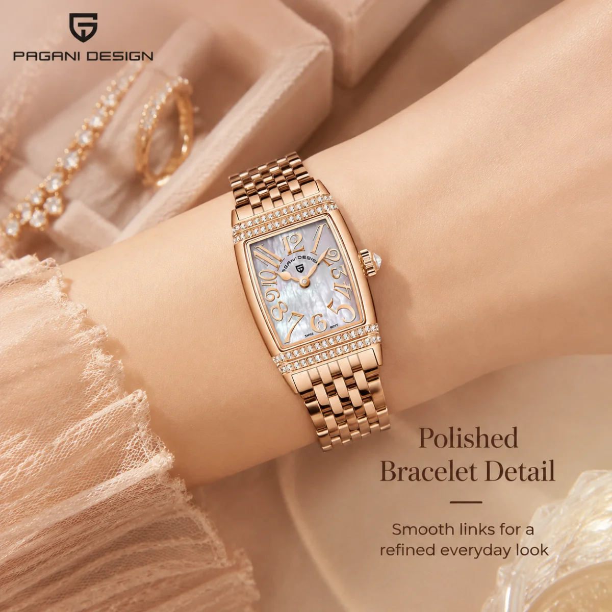 Pagani Design 22MM Women's Quartz Watch Swiss Movement Stainless Steel Waterproof Diamond Set Luxury Quartz Watch view 6