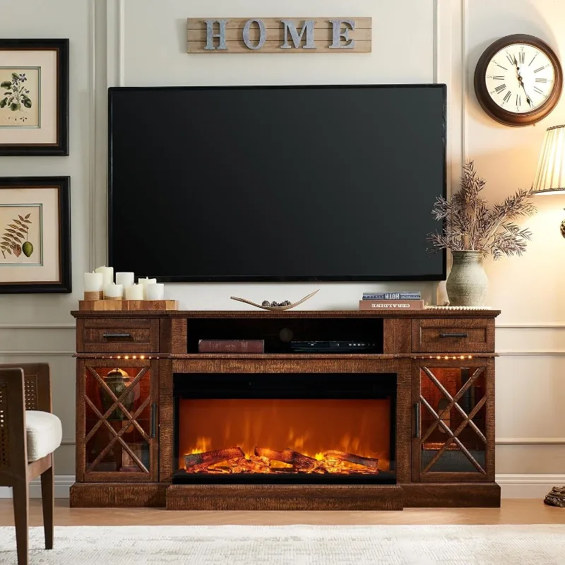 Farmhouse TV Stand with Fireplace, 70\'\' Entertainment Center Stand with 36\