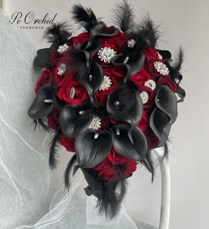 PEORCHID Gothic Feathers Deardrop Bouquet Brooches Black Gold Silver Bride Hand Flower Cascading Wedding Bouquet Casamento Noiva