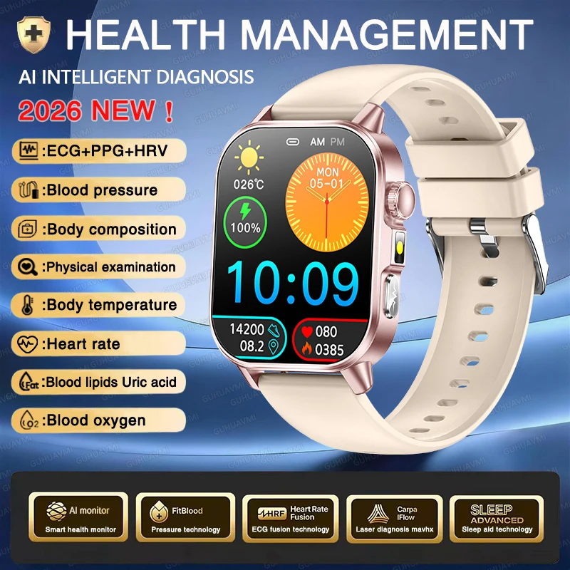 2026 Nieuwe Nauwkeurige Meting Gezondheid Smartwatch ECG+PPG Bloeddruk Bloedlipiden Urinezuur BT Oproep Smartwatch Voor Mannen Vrouwen