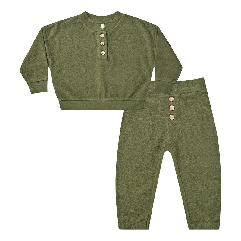 2024 Autumn New Children\'s Terry Cloth Sweater Set Long-Sleeved Tops Long Pants Two-Piece Simple Casual Homewear Suits