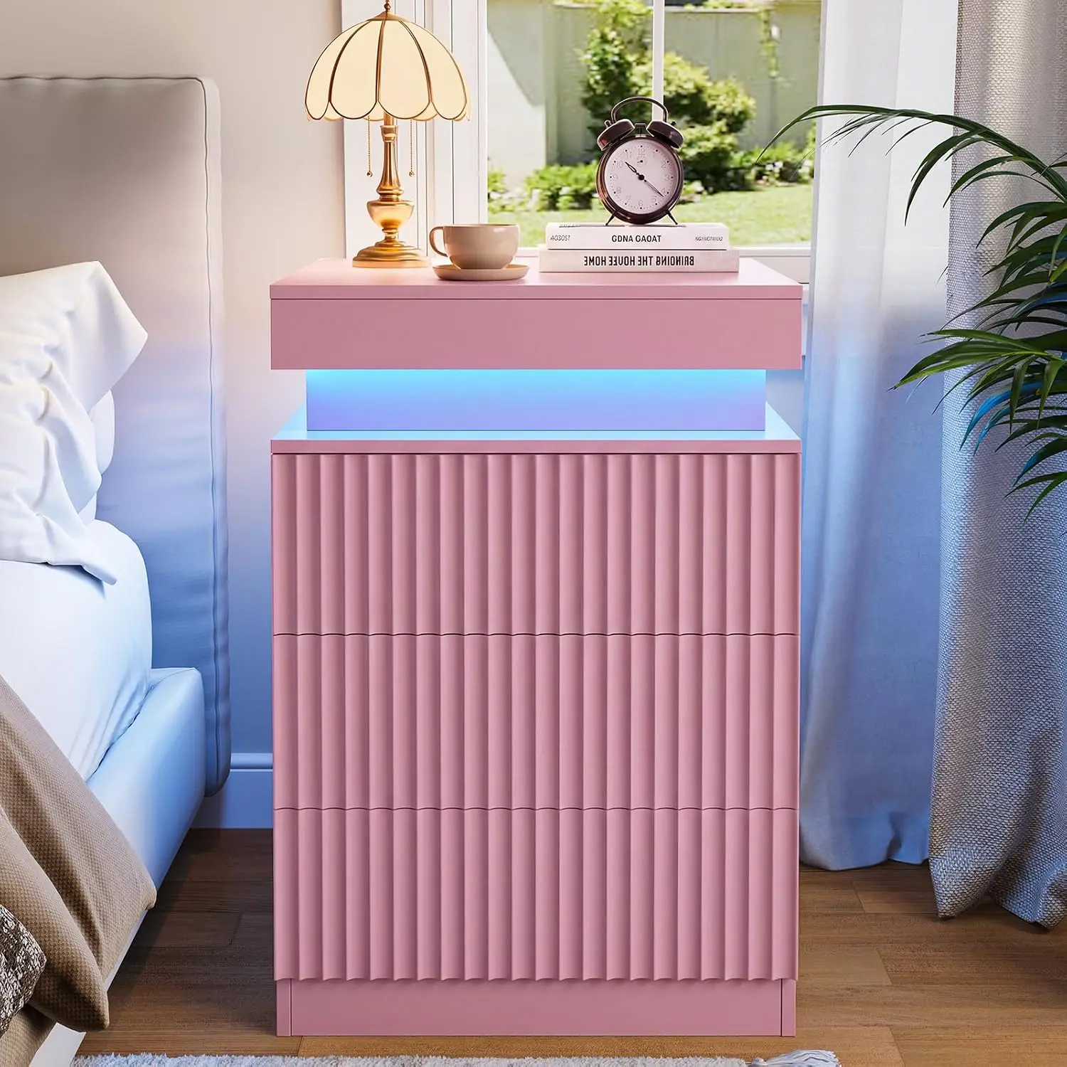 Pink Fluted Nightstand with Charging Station & LED Lights, Customized