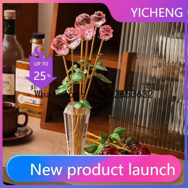 

Crystal Glass Craft Rose Flower Ornament for Desktop, Bedroom, and Living Room Decoration, New Creative Small Gift