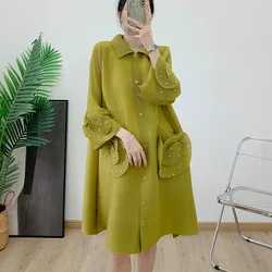 Miyake Pleated Fashion Cardigan Dress 2024 Spring New Women's Beaded Print A-Version Loose Small Flip Collar Coat Dresses