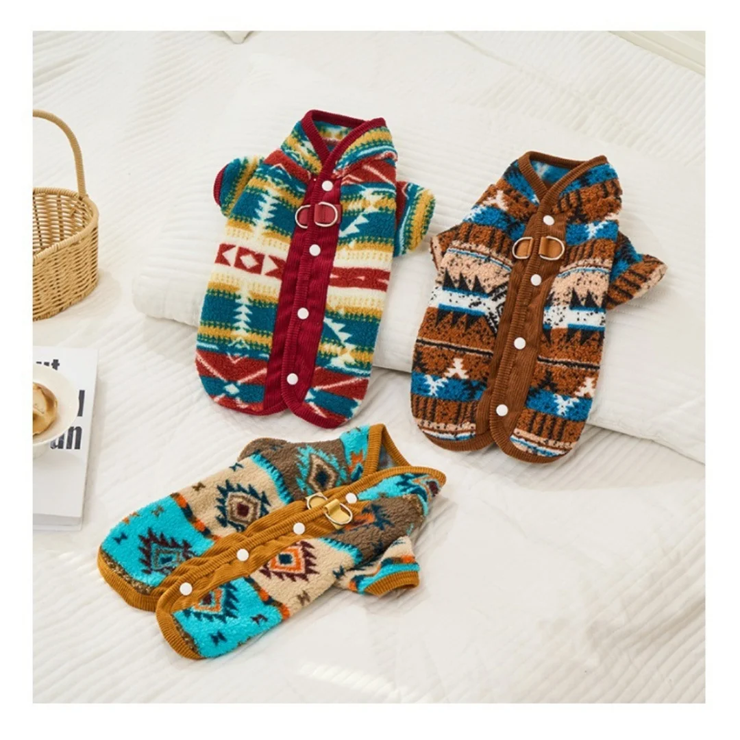 Boho Chic Dog Clothes Cat Winter Wear, Traditional Pattern Vest with Back Opening, Cozy Two-Legs Pet Sweater