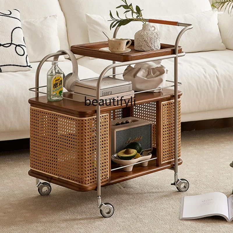 

Nordic Side Table Removable Storage Trolley Walnut Sofa Rattan Storage Side Cabinet