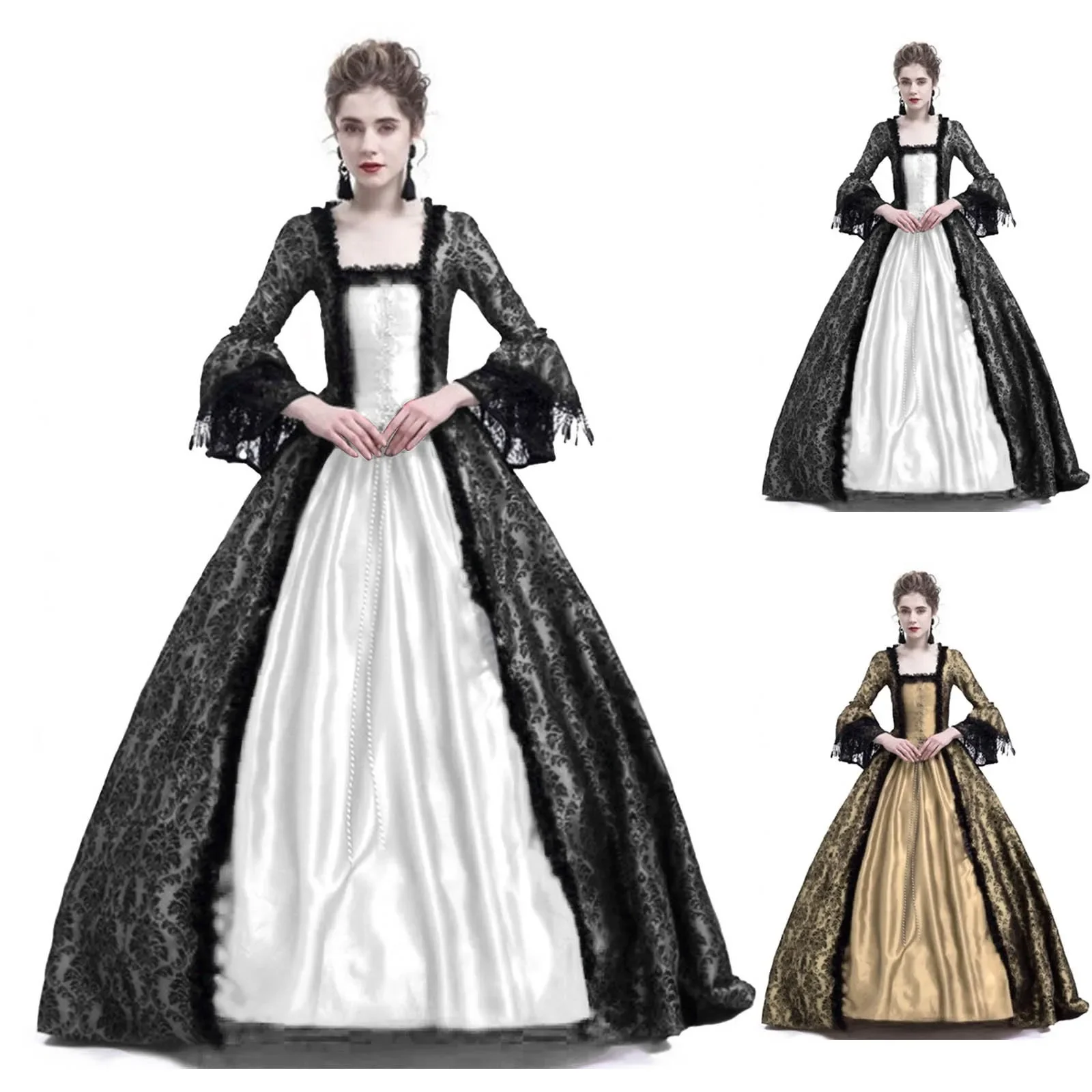 

Halloween Cosplay Palace Women Lace Trumpet Sleeve Medieval Dress Costume Vintage Maxi Long Dress Plus Size Victorian Dresses