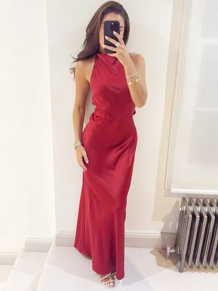 HXAO Sexy rotes Neckholder-Kleid, Damenkleid, Sommer, schick, Satin, rückenfrei, langes Kleid, Midi, ärmellos, Vestidos, elegante Cocktailkleider