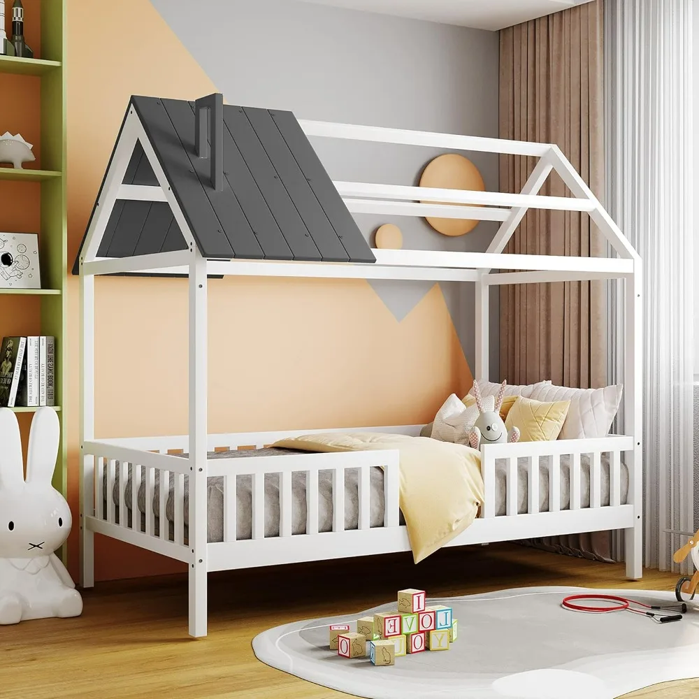 

Twin House Bed Kids Montessori Beds Playhouse Tent Bed, Solid Wood Platform Bed Frame with Fence and Roof for Kids Teens Adults