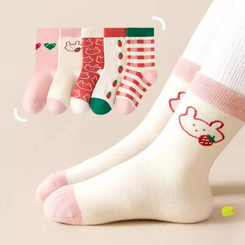 Five Pairs Spring and Fall New Children\'s Cartoon Cute Lace Girls All Match Breathable Comfortable Cotton Mid-tube Socks