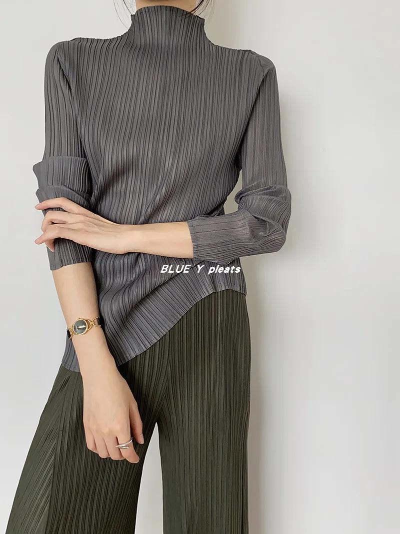 Miyake Pleated Women Shirt Tops 2024 Autumn Winter High Fashion Designer New Aesthetic Clothing Long Sleeve Turtleneck T-shirt