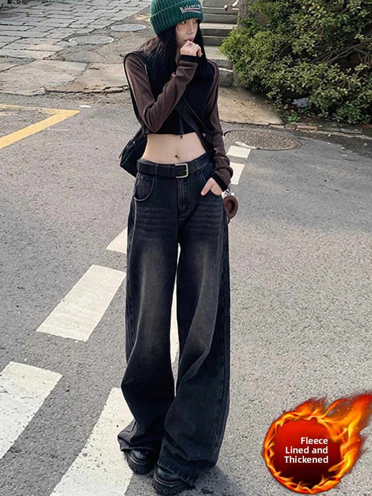 

Fce Lined Thiened Прямые джинсы с высокой талией Женские осенне-зимние свободные широкие длинные брюки больших размеров Bla ey