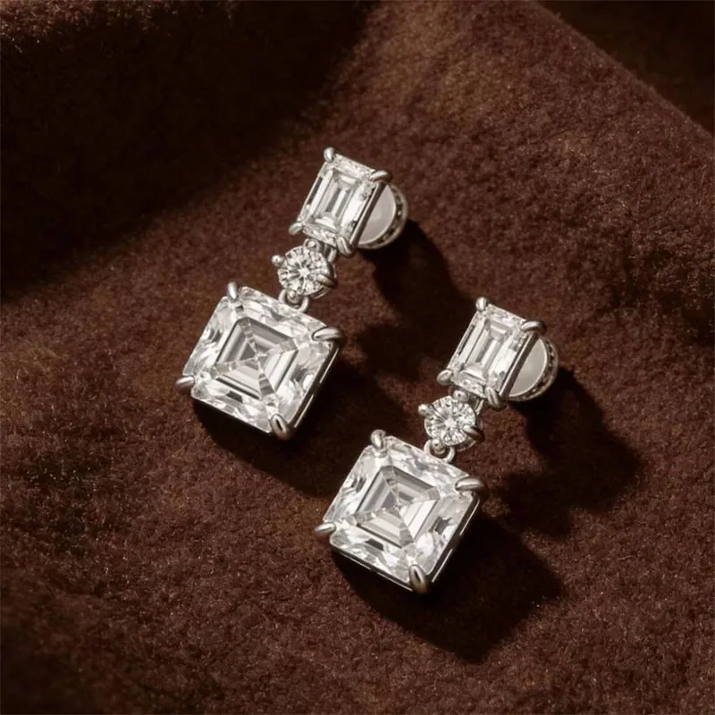 2CT Main Stone Asscher Cut EF VS-VVS Lab Grown Diamond IGI Certificate Wedding Drop Dangle Earrings For Lady In Platinum 950