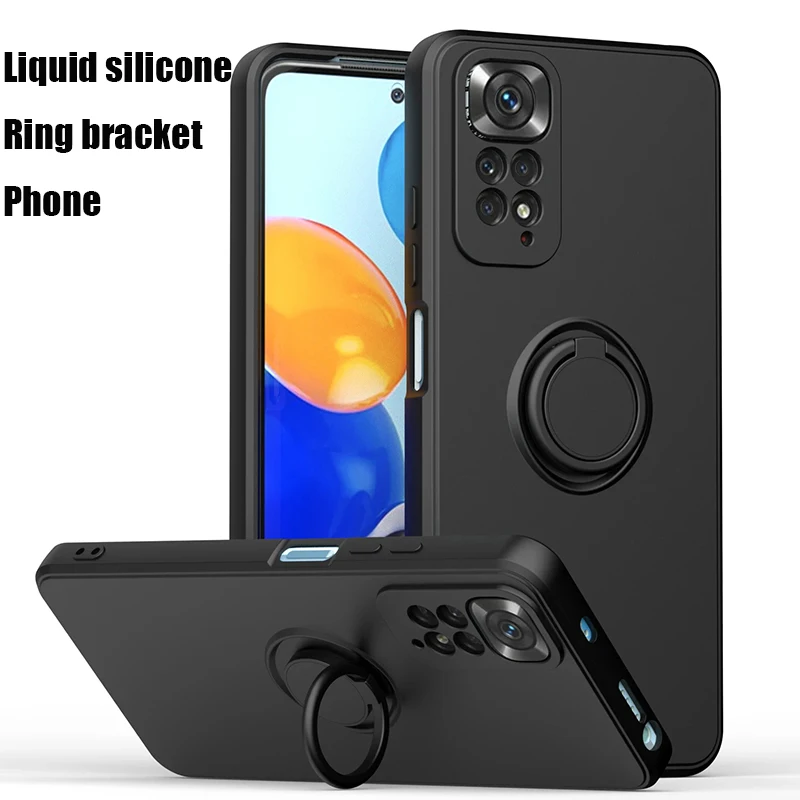 

Liquid Silicone Ring Holder Soft Phone Case For Redmi Note 12 Pro 11 10 S 9S 9 Shockproof Back Cover For Xiaomi 11T 12T Pro Lite