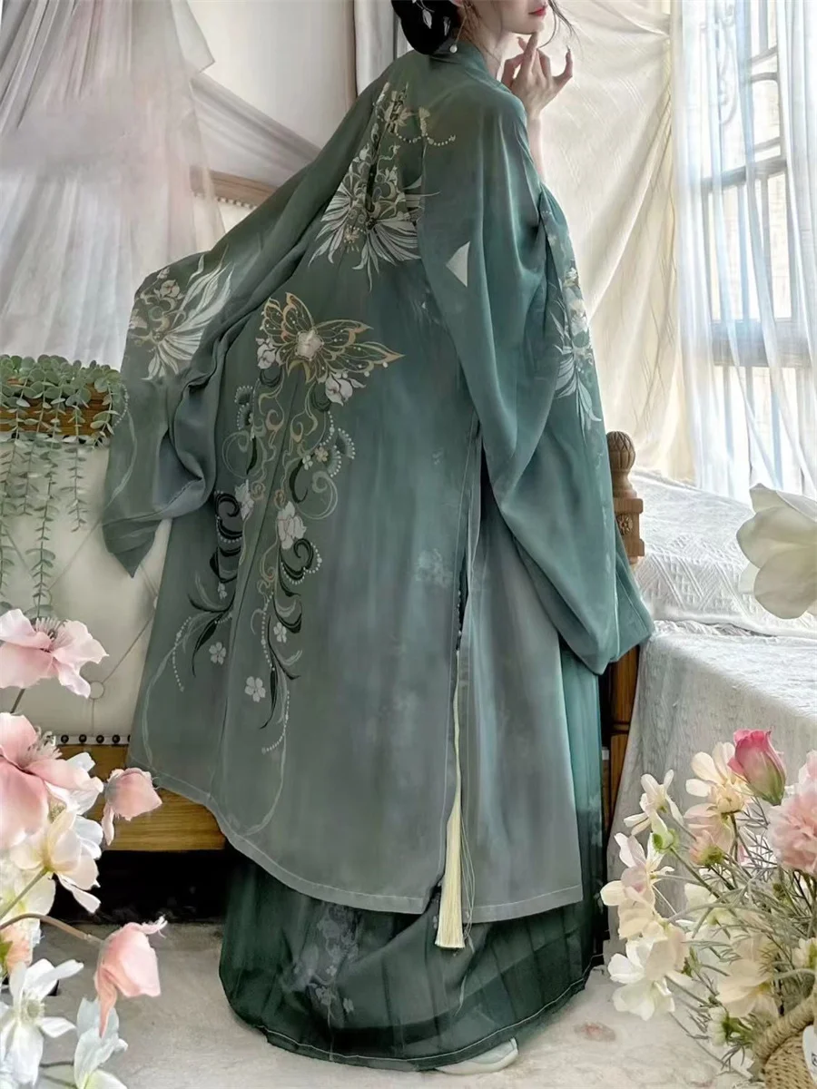 Nieuwe Hanfu Lange Jas & Riem & Rok Groen Nieuwe Chinese Stijl Hanfu Jurk Vrouwen Elegante Han Kleding Bloemenprint Kostuums