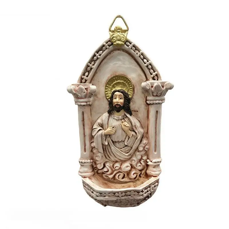 

E8BD Intricate Carving Resins Wall Decors Holy Water Font European Christian Statue