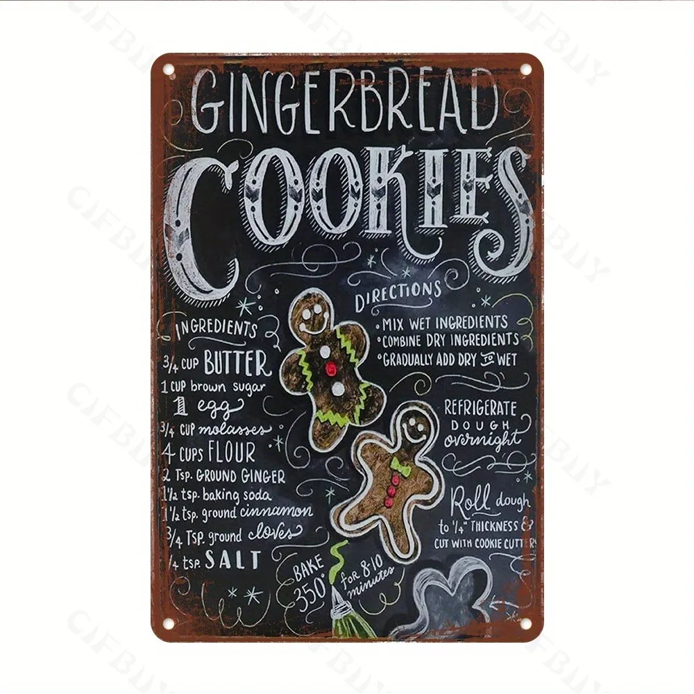Vintage Aluminum Gingerbread Cookies Recipe Sign - UV Printed Rustic Waterproof Metal Plaque for Kitchen Home Office Decor